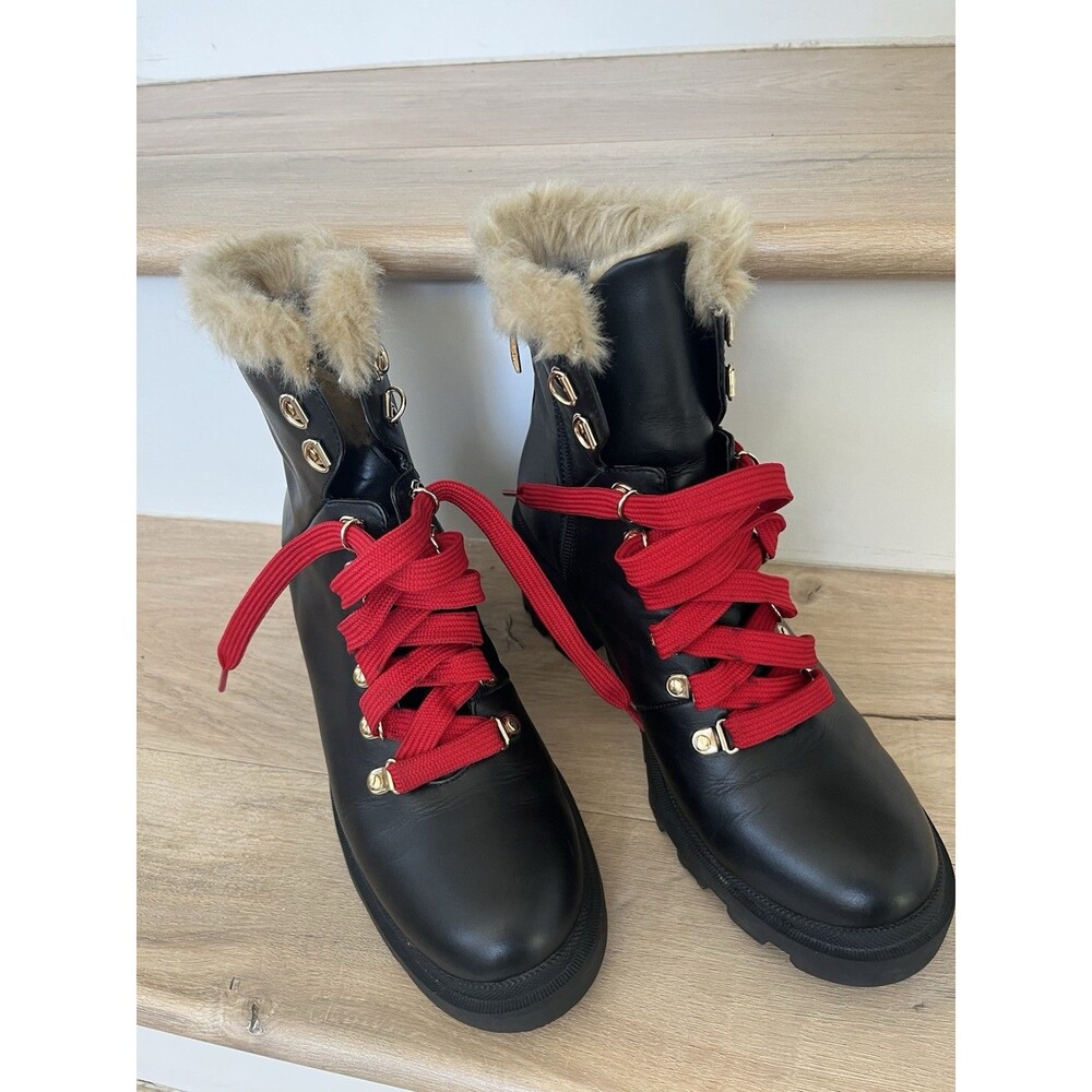 Neiman Marcus Lily Leather Lace Up Fur Trim Ankle Boots Womens Sz 8 Black Luxe